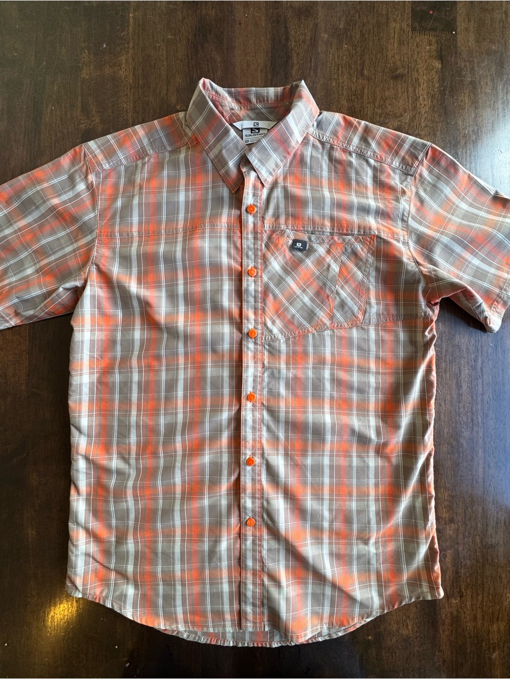 Saloman - Short-Sleeve Plaid Button-Up Shirt in Orange and Tan Men’s M excellent